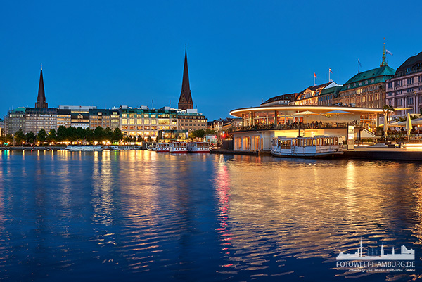Hamburg Alsterpavillon bei Nacht - Bild auf Leinwand, Acrylglas, Alu-Dibond