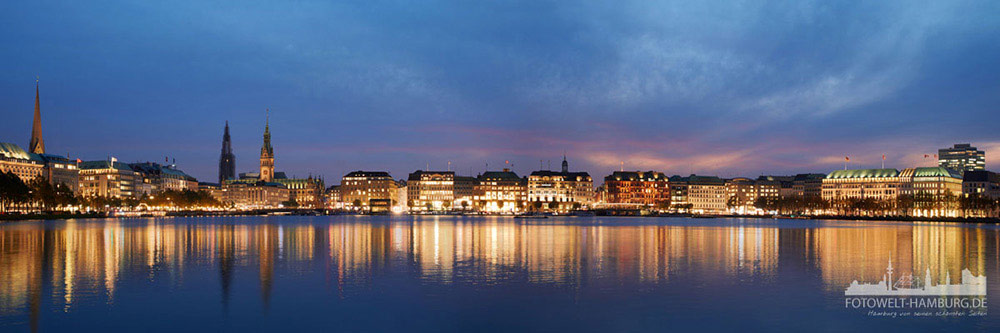 Hamburg - Alsterpanorama zur blauen Stunde - Bild auf Leinwand, Acrylglas, Alu-Dibond