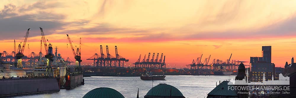 Hamburger Hafen auf Leinwand - Sonnenuntergang an der Elbe