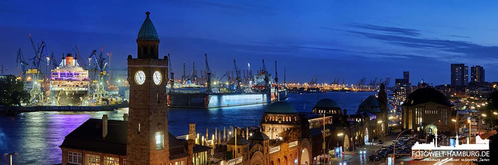 Hamburg Landungsbrücken Panorama mit Queen Mary im Dock Elbe 17 - Bild auf Leinwand, Acrylglas oder Dibond 