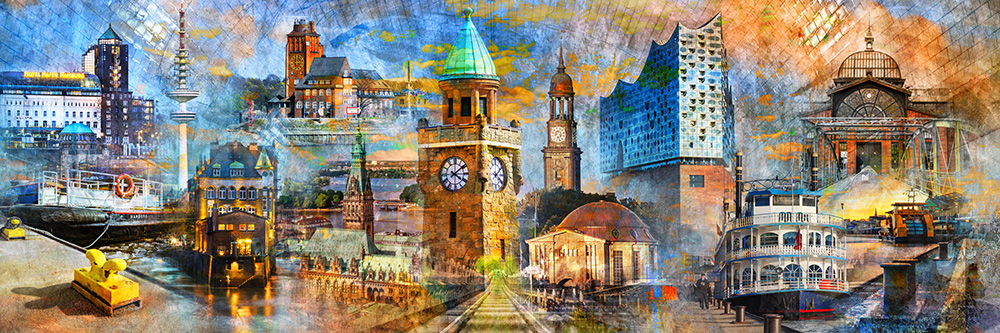 Hamburg Panorama Collage - Modernes Hamburgbild auf Leinwand, Acrylglas oder als Poster