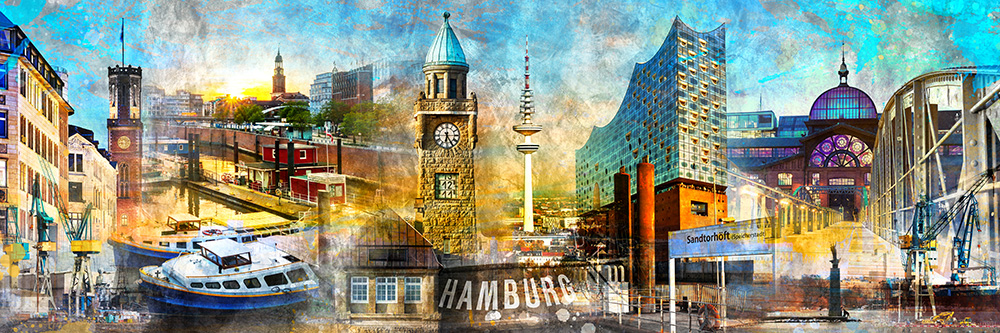 Hamburg Collage 043 - Abstraktes Hamburg Bild auf Leinwand, Acrylglas oder als Poster