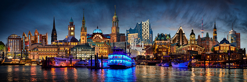 Hamburg Panoramaskyline bei Nacht - Hamburg Skyline Collage Wandbild auf Leinwand, Acrylglas, Akustikbild oder als Poster