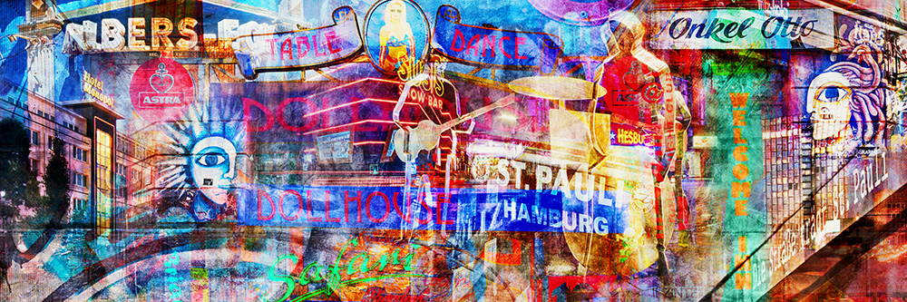St Pauli Panorama Collage - Schönes abstraktes Hamburgbild auf Leinwand, Acrylglas oder als Poster