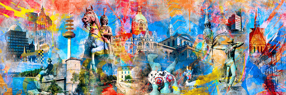 Hannover Pop Art Panorama - Hannover Panoramabild Wandbild Kunstdruck auf Leinwand, Acrylglas oder als Poster