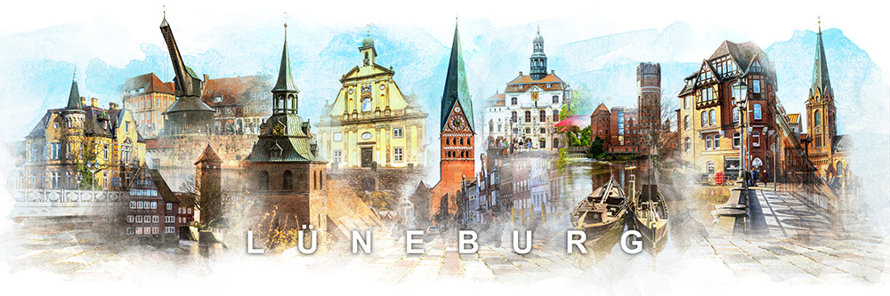Lüneburg Panorama Collage - Modernes Lüneburg Bild auf Leinwand, Acrylglas oder als Poster