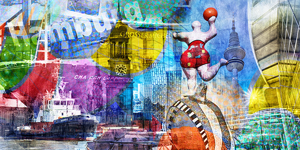 Hamburg Collage - Colourful Hamburg - Bild auf Leinwand, Acrylglasbild, Poster, Fotodrucke in Galeriequalität