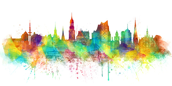 Bunte Hamburg Skyline - Abstraktes modernes Hamburg Bild auf Leinwand, Acrylglas, Akustikbild oder als Poster