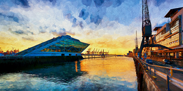 Sonnenuntergang am Dockland - Digitales Hamburg Gemälde, Acrylglas oder als Poster