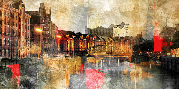 Speicherstadt abstrakt - Kunstvolles Hamburg Wandbild auf Leinwand, Acrylglas, Akustikbild oder als Poster