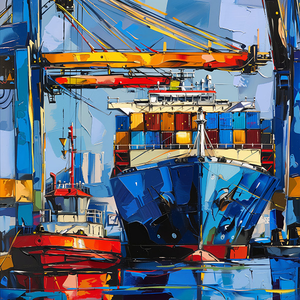 Schlepper und Containerschiff - Hamburger Hafen Gemälde Kunstdruck auf Leinwand, Acrylglas, Akustikbild oder als Poster