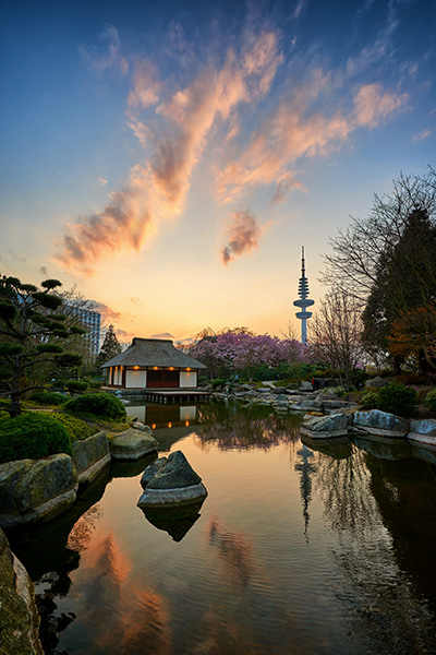 Hamburg Abendrot im japanischen Garten - Bild auf Leinwand, Acrylglas, Alu-Dibond