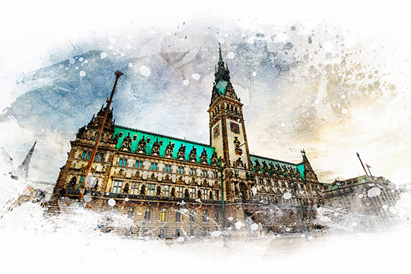 Hamburg im Aquarell-Look, Hamburger Rathaus - Bild auf Leinwand, Acrylglas oder als Poster