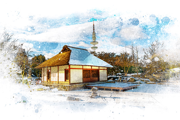 Hamburg im Aquarell-Look, Japanisches Teehaus - Bild auf Leinwand, Acrylglas oder als Poster