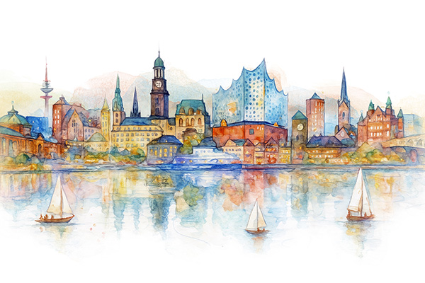 Hamburg Skyline als Aquarell - Hamburg Gemälde Kunstdruck auf Leinwand, Acrylglas, Akustikbild oder als Poster