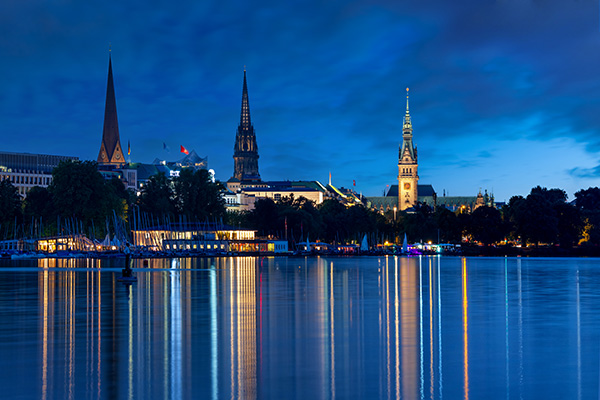 Blaue Aussenalster - Hamburg Collage im Vintage-Stil auf Leinwand, Acrylglas oder als Poster
