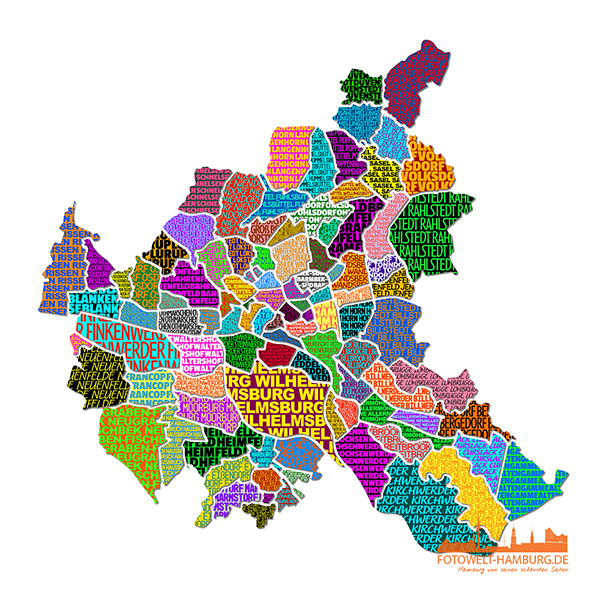 Hamburg Pop-Art Stadtplan - Hamburg als Stadtteilkarte aus Buchstaben Bild auf Leinwand, Acrylglas oder als Poster