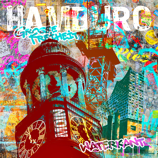 Hamburg Graffiti Collage - Abstraktes modernes Hamburg Bild im Pop-Art Stil, quadratisch auf Leinwand, Acrylglas oder als Poster