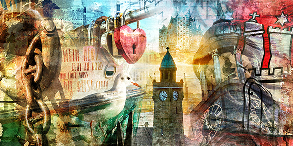 Hamburg Collage 034, modernes abstraktes Bild auf Leinwand oder Acrylglas