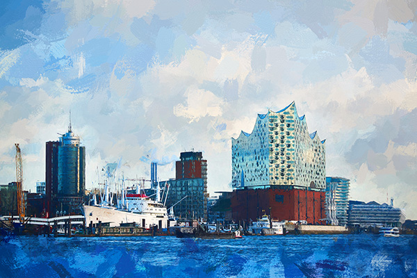 Hamburg Elbphilharmonie und Cap San Diego - Digitales Gemälde auf Leinwand