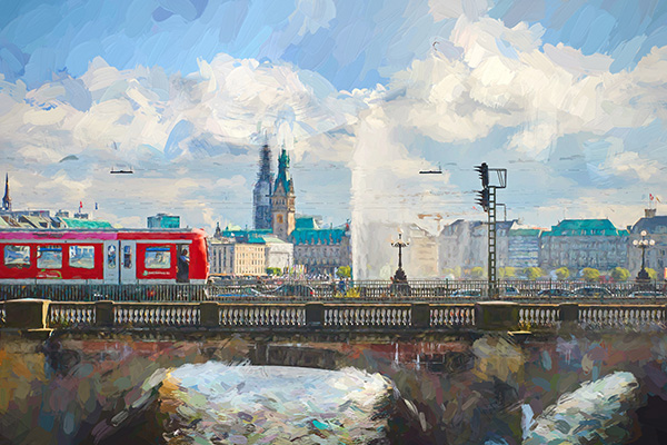Hamburg Lombardsbrücke und S-Bahn - Digitales Gemälde auf Leinwand, Acrylglas, Alu-Dibond