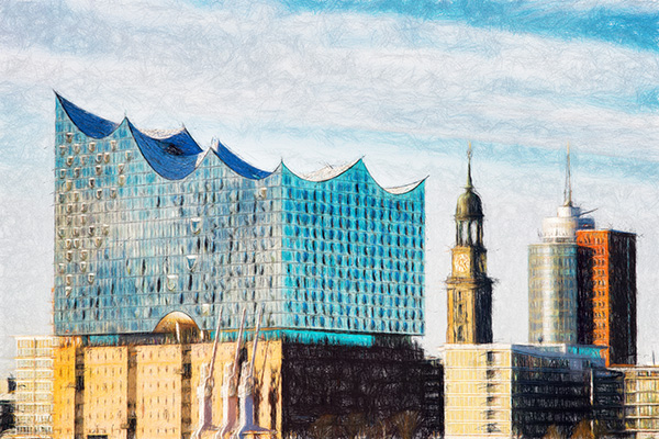 Hamburg Elbphilharmonie und Michel (digitales Gemälde) - Bild auf Leinwand 