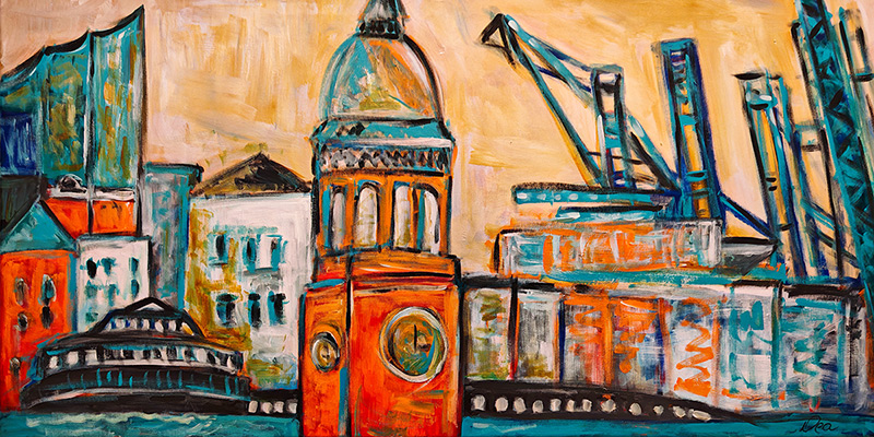 Michel und Hafen - Hamburg Gemälde als Kunstdruck auf Leinwand, Acrylglas, Akustikbild oder als Poster