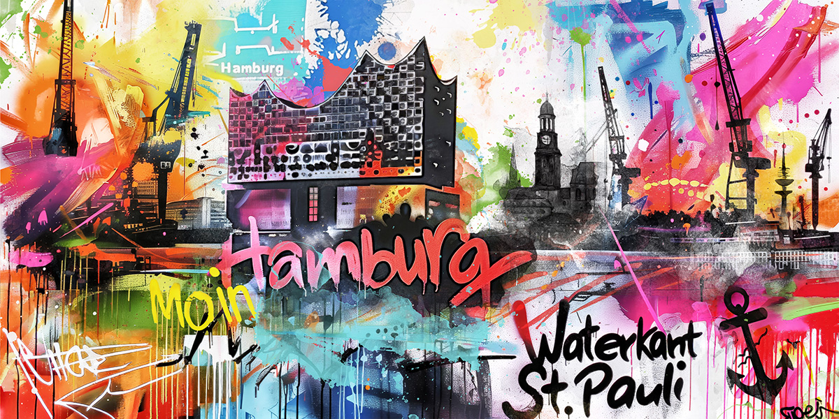 Hamburg Graffiti Collage - Hamburg Pop Art Bild auf Leinwand, Acrylglas oder als Poster
