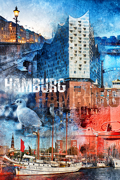 Hamburg abstrakte Pop-Art Collage - Bild auf Leinwand 