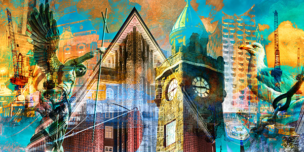 Hamburg Collage 036 - Abstraktes modernes Hamburgbild auf Leinwand oder Acrylglas