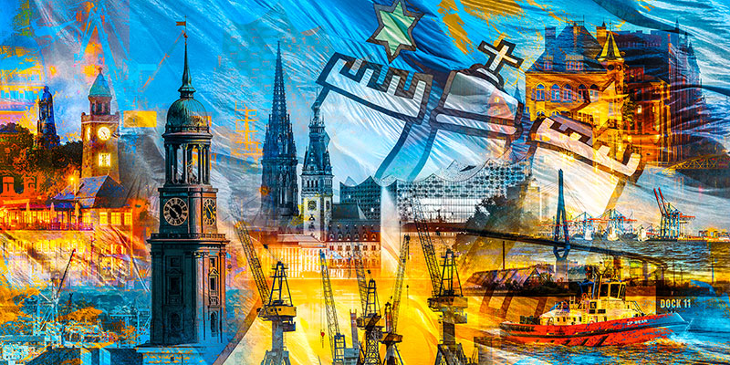 Hamburg Collage 066 - Hamburger Hafen Bild auf Leinwand, Acrylglas, Akustikbild oder als Poster