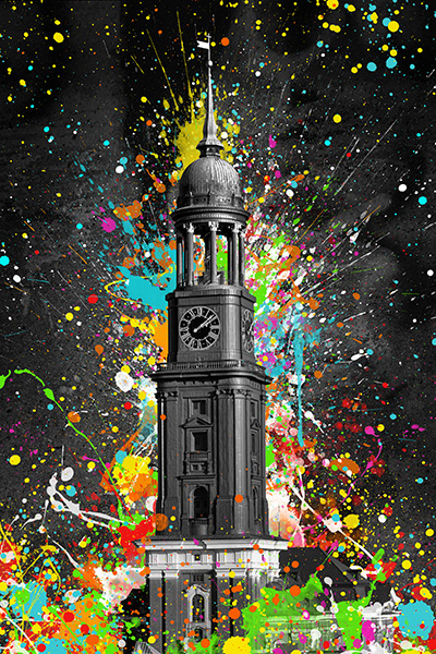 Michel Pop Art Splash - Farbenfrohes Hamburg Wandbild im Pop Art Stil auf Leinwand, Acrylglas, Akustikbild oder als Poster