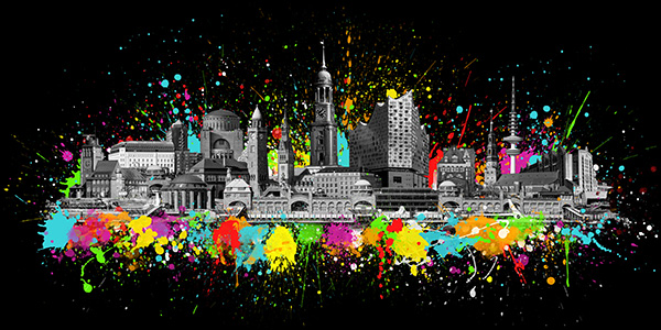 Hamburg Skyline Pop Art Splash - Modernes Hamburg Wandbild auf Leinwand, Acrylglas, Akustikbild oder als Poster