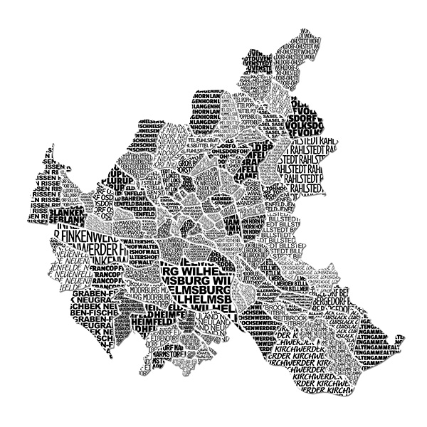 Hamburg Stadtplan Typographie - Hamburg als Stadtteilkarte aus Buchstaben Bild auf Leinwand, Acrylglas oder als Poster