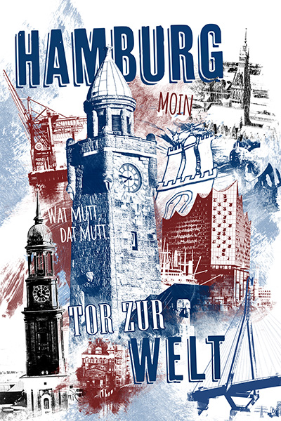 Hamburg - Tor zur Welt - Hamburg Collage im Vintage-Stil auf Leinwand, Acrylglas oder als Poster