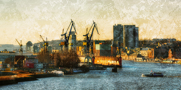 Blick über die Elbe - Wandbild vom Hamburger Hafen auf Leinwand, Acrylglas oder als Poster