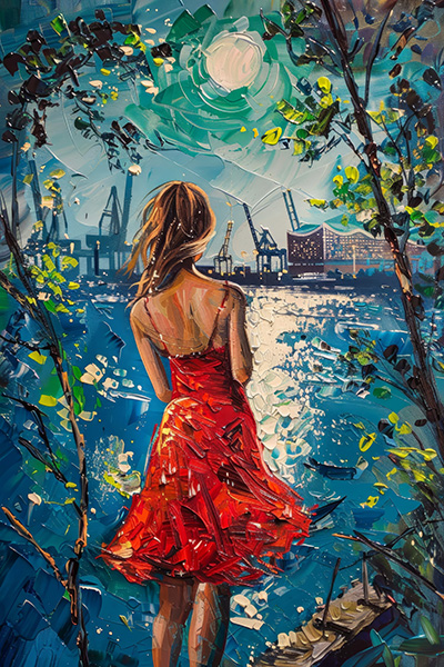 Der Hafen, die Lichter, die Sehnsucht - Hamburg wie gemalt im Stil eines Aquarellgemäldes auf Leinwand, Acrylglas, Akustikbild oder als Poster