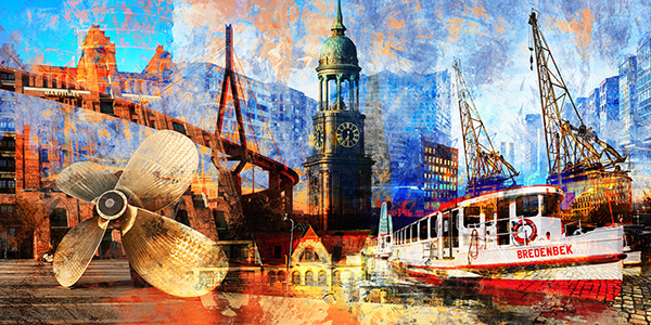 Hamburg Collage XI - Modernes abstraktes Bild auf Leinwand, Acrylglasbild, Poster, Fotodrucke in Galeriequalität 
