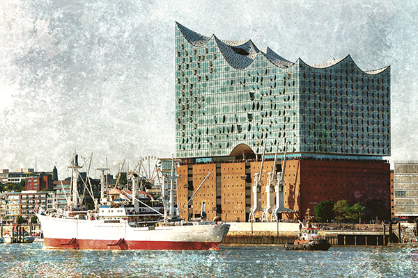 Hamburg Elbphilharmonie und Cap San Diego - Abstraktes Bild auf Leinwand, Acrylglas, Alu-Dibond
