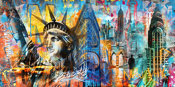 New York Pop Art Collage - Modernes New York Wandbild auf Leinwand, Acrylglas, Akustikbild oder als Poster