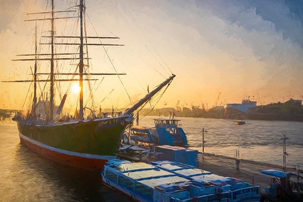 Rickmer Rickmers Sonnenaufgang - Hamburg im Stil eines Gemäldes Kunstdruck auf Leinwand, hinter Acrylglas, auf Alu-Dibond und mehr