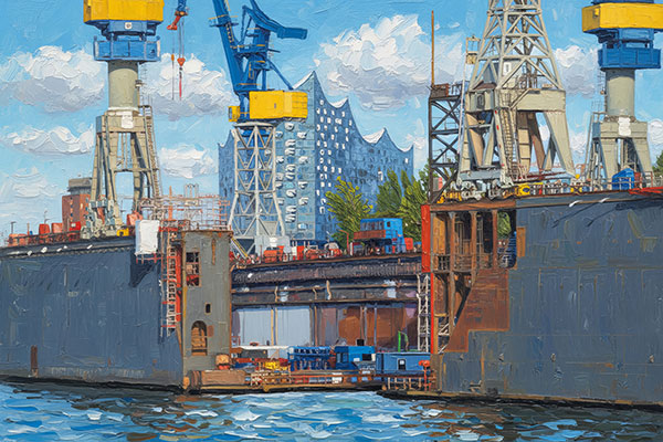 Blick durch die Docks - Hamburger Hafen und Elbphilharmonie Gemälde Kunstdruck auf Leinwand