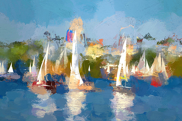Segeln auf der Alster - digitales Hamburg Gemälde auf Leinwand, Acrylglas oder als Poster